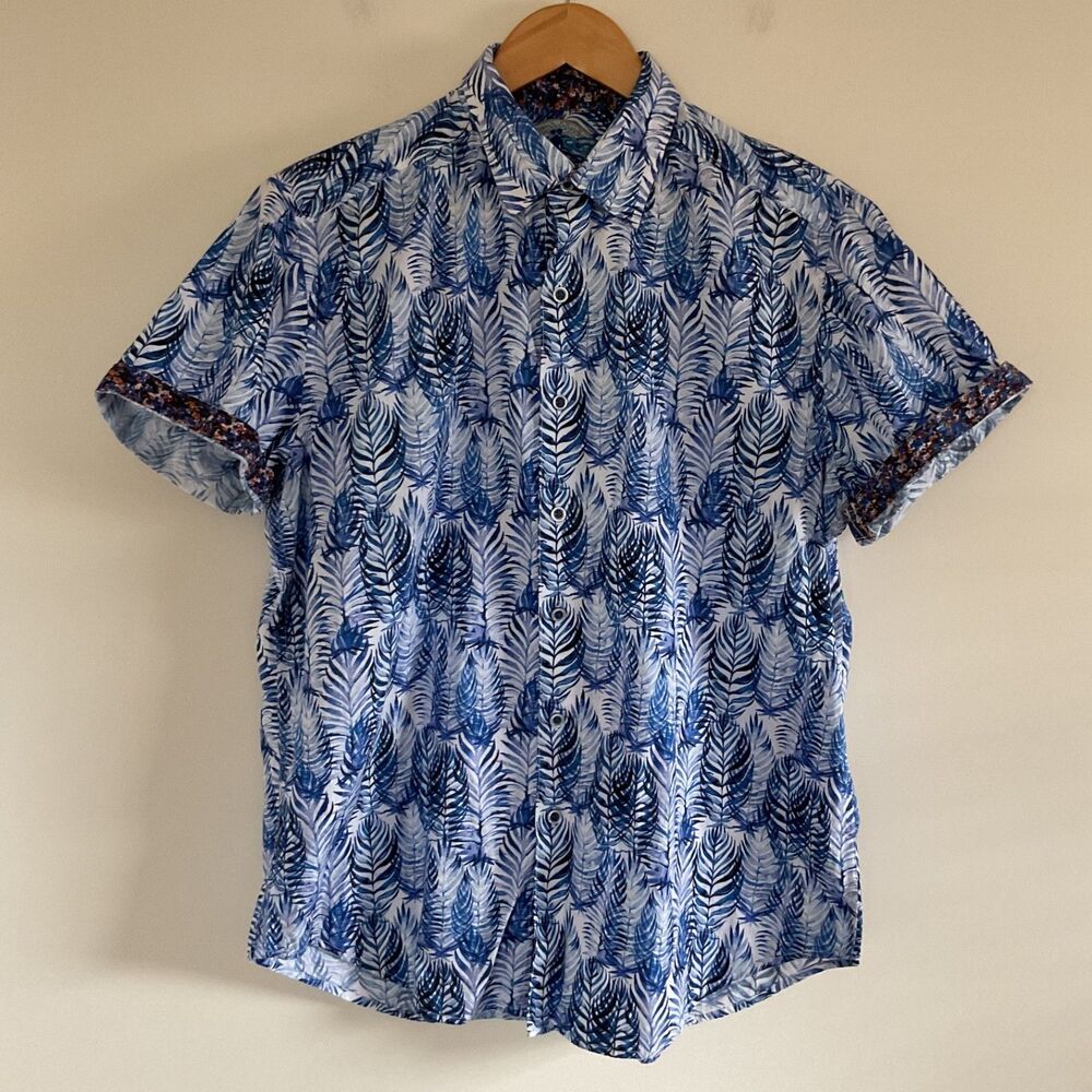 Robert Graham Ewing Mens M Classic Fit Short Sleeve Button Up Shirt Blue Leaf